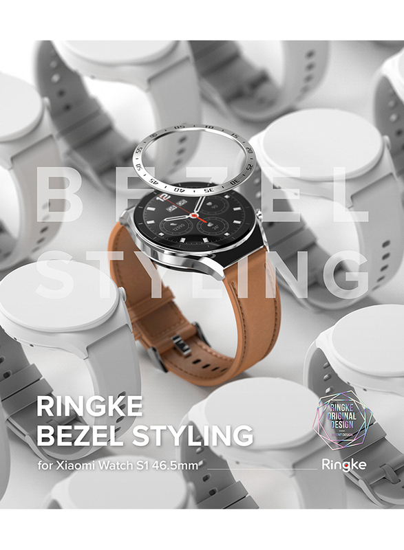 Ringke Bezel Styling + Glass Combo Compatible with Xiaomi Watch S1 Adhesive Frame Ring Cover Anti Scratch Stainless Steel Protection for Xiaomi Watch S1- Silver (46-01)